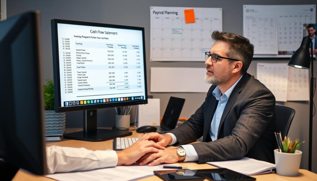 Business owner analyzing cash flow statement and implementing improvements