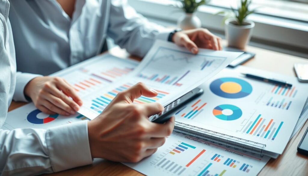 Business owner analyzing financial reports with charts and highlighting key insights