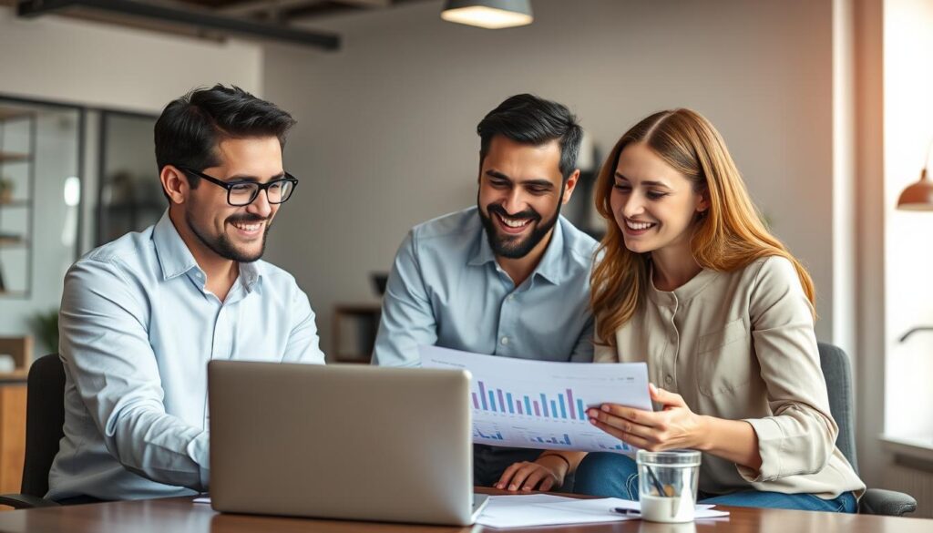 Business owner confidently reviewing positive cash flow reports with team Business owner confidently reviewing positive cash flow reports with team