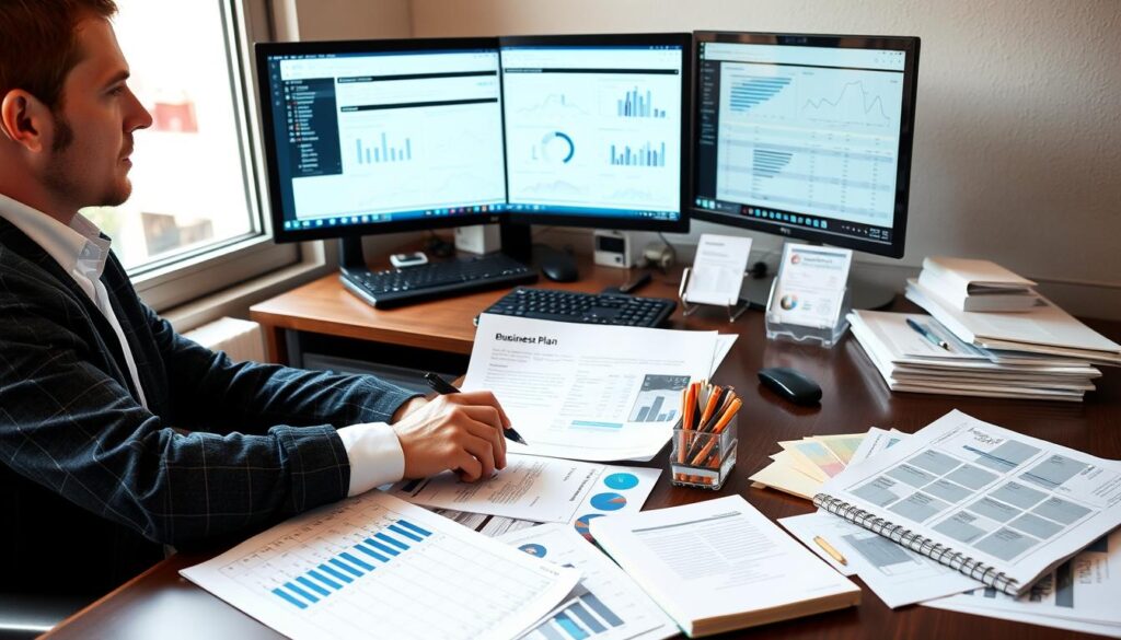 Business owner creating a financial business plan with charts and spreadsheets