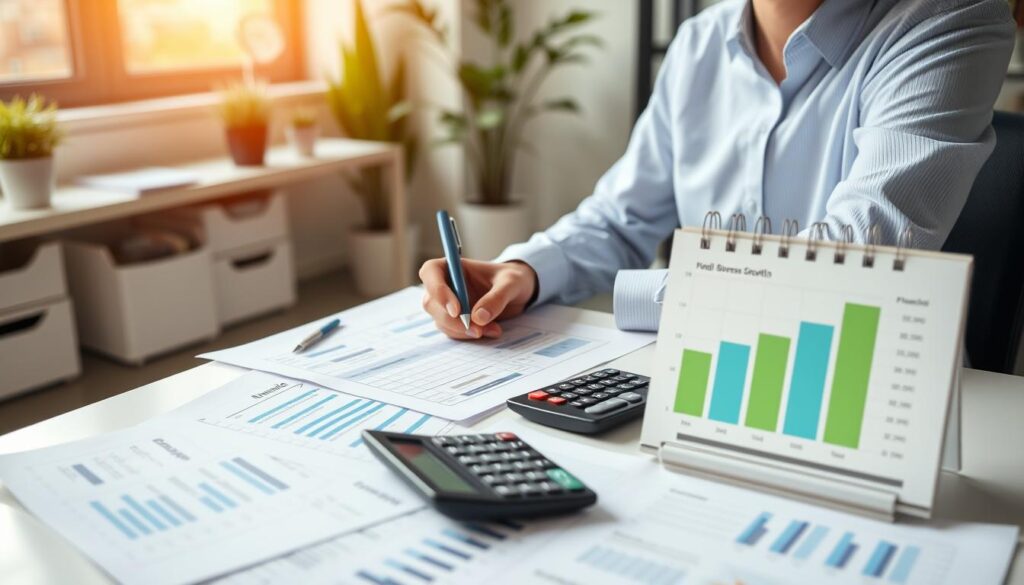 Business owner creating a financial business plan with spreadsheets and charts