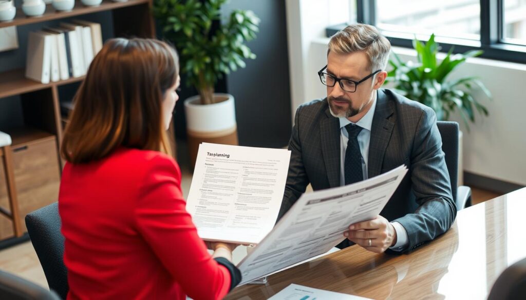 Business owner discussing tax risk management with financial advisor