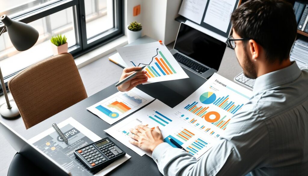 Business owner reviewing financial business plan documents with charts and graphs