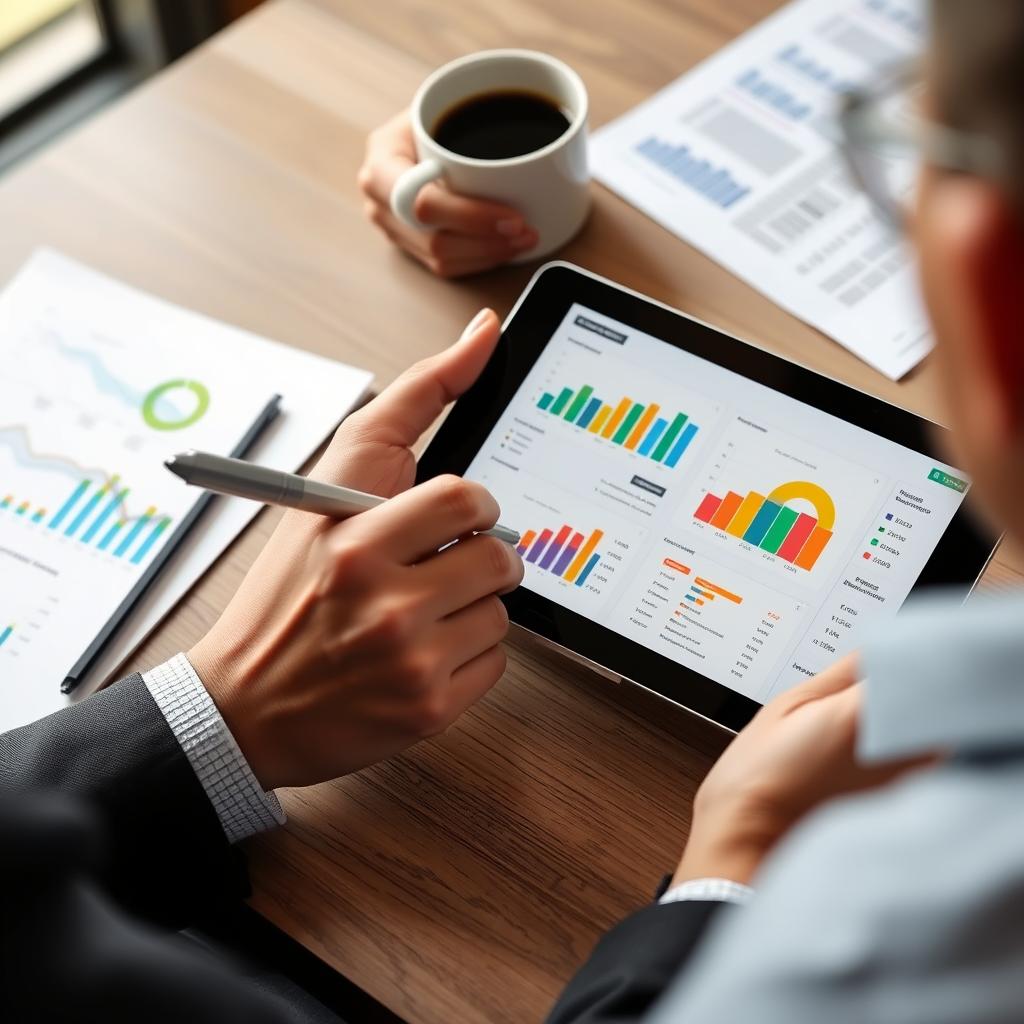 Business owner reviewing financial performance metrics dashboard Business owner reviewing financial performance metrics dashboard