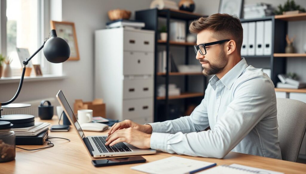 Business owner using automation software for financial processes