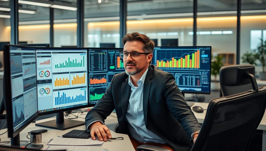 Business owner working on financial forecasts with charts and projections