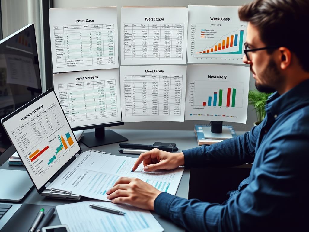 Business owner working on financial scenario planning spreadsheets Business owner working on financial scenario planning spreadsheets