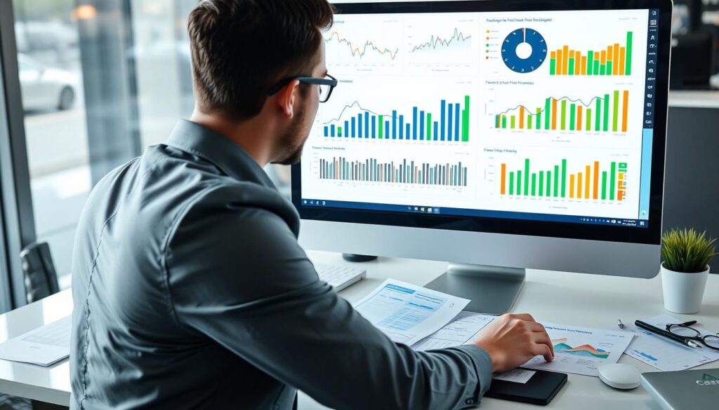 Business person analyzing financial charts and graphs on computer screen