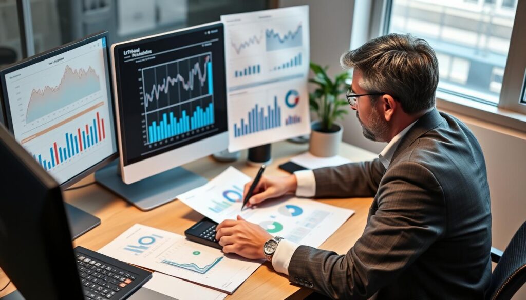 Business person analyzing financial reports with charts and graphs