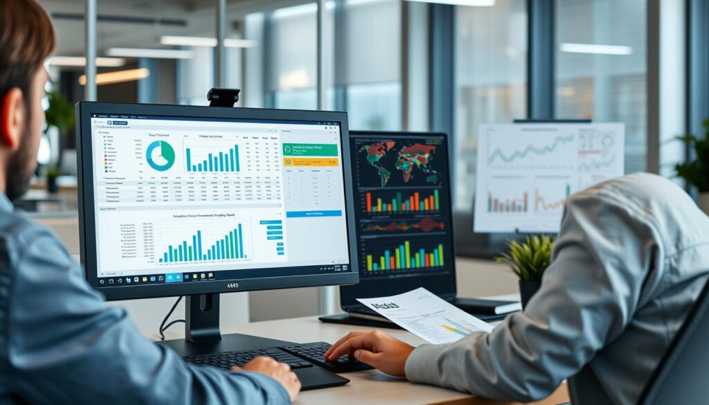 Business person implementing financial tracking system on computer