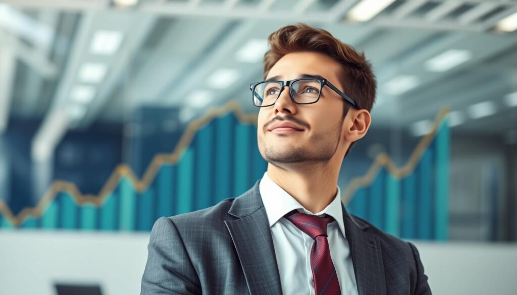 Business person looking confidently toward future with financial charts trending upward