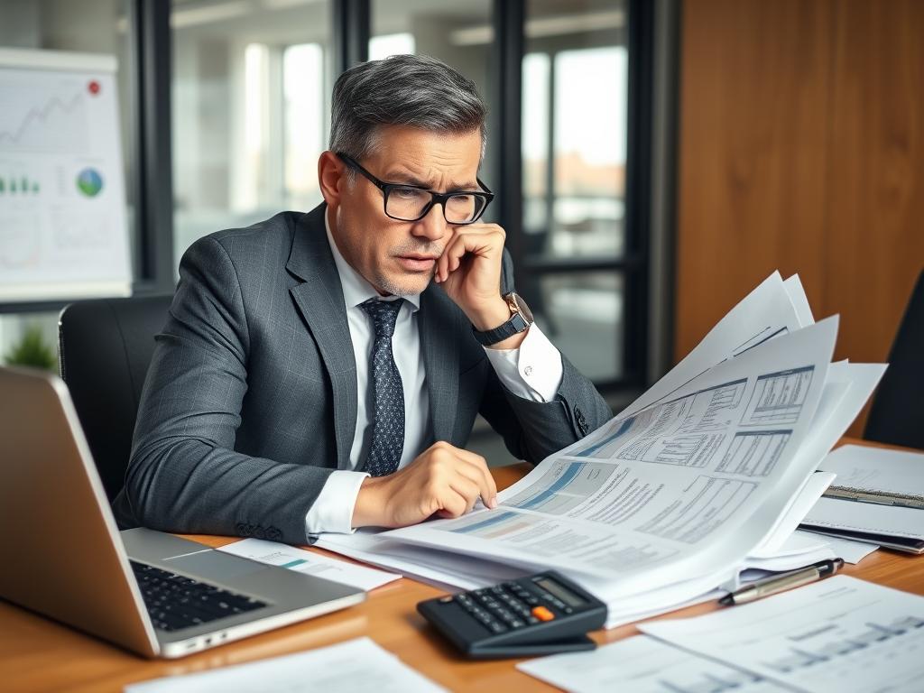 Business person looking frustrated while analyzing financial reports with errors