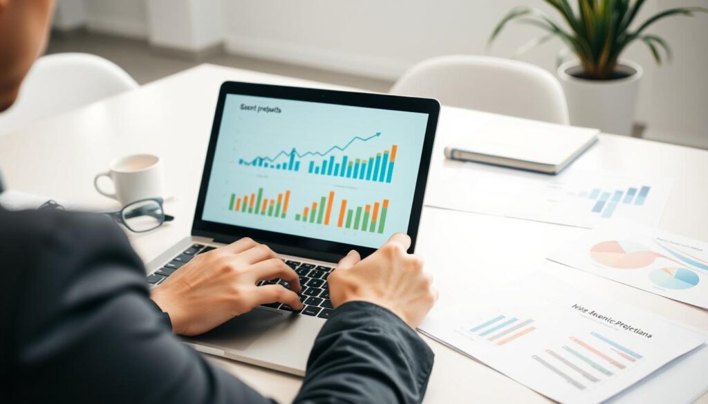Business professional analyzing financial growth charts and projections on a laptop