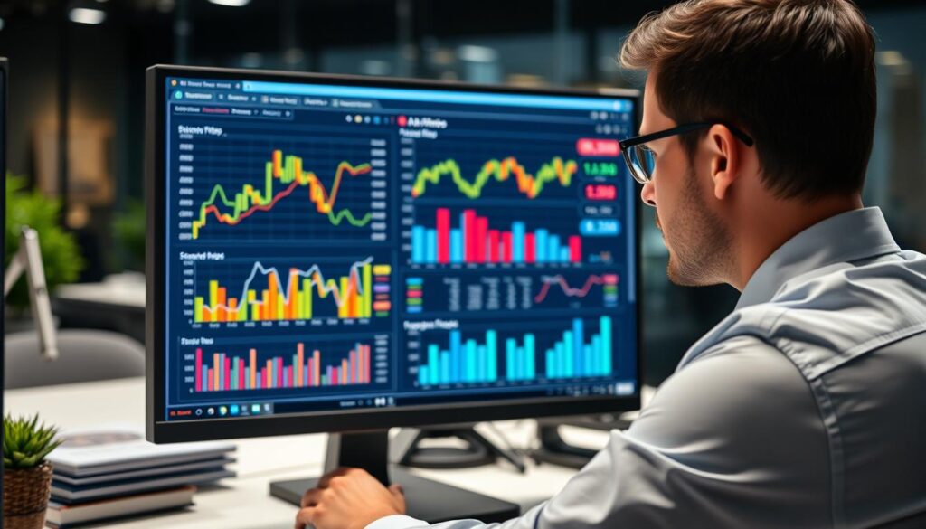 Business professional analyzing financial ratios on computer screen with charts and graphs
