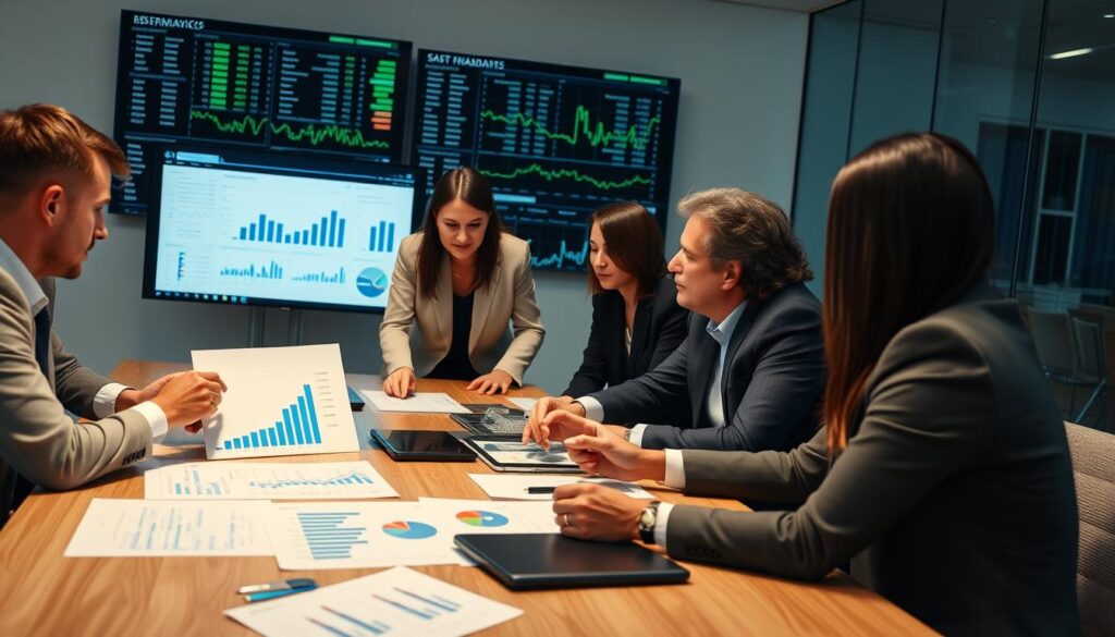 Business professionals analyzing financial data during decision-making process