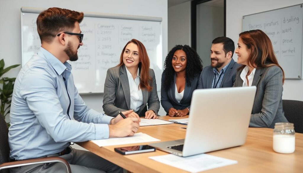 Business professionals discussing financial growth strategy questions and solutions
