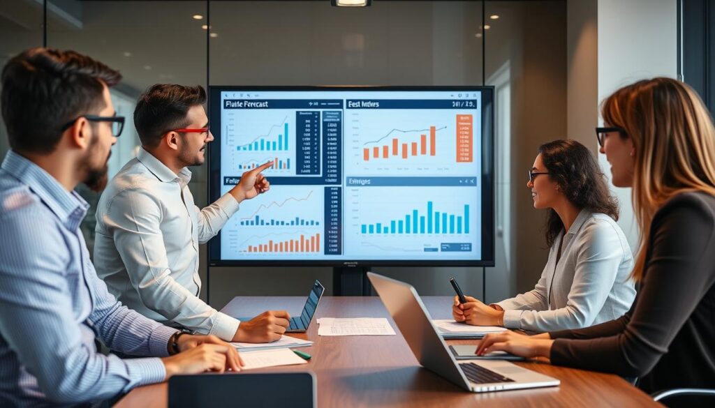 Business team analyzing financial forecasts and projections
