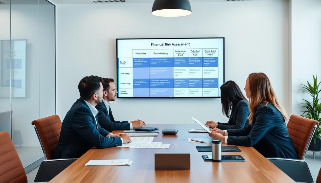 Business team conducting financial risk assessment and developing mitigation strategies