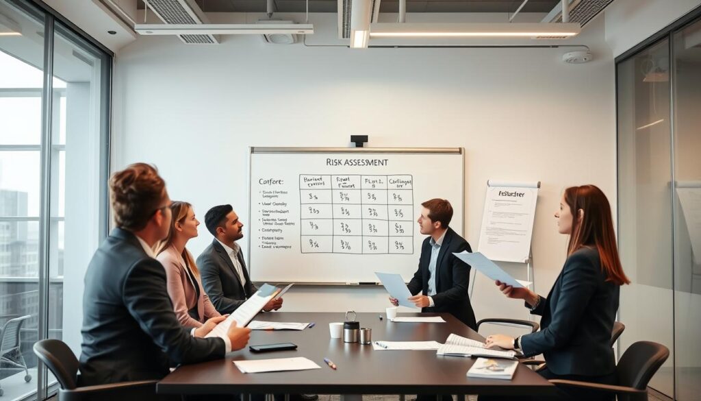 Business team conducting financial risk assessment and planning