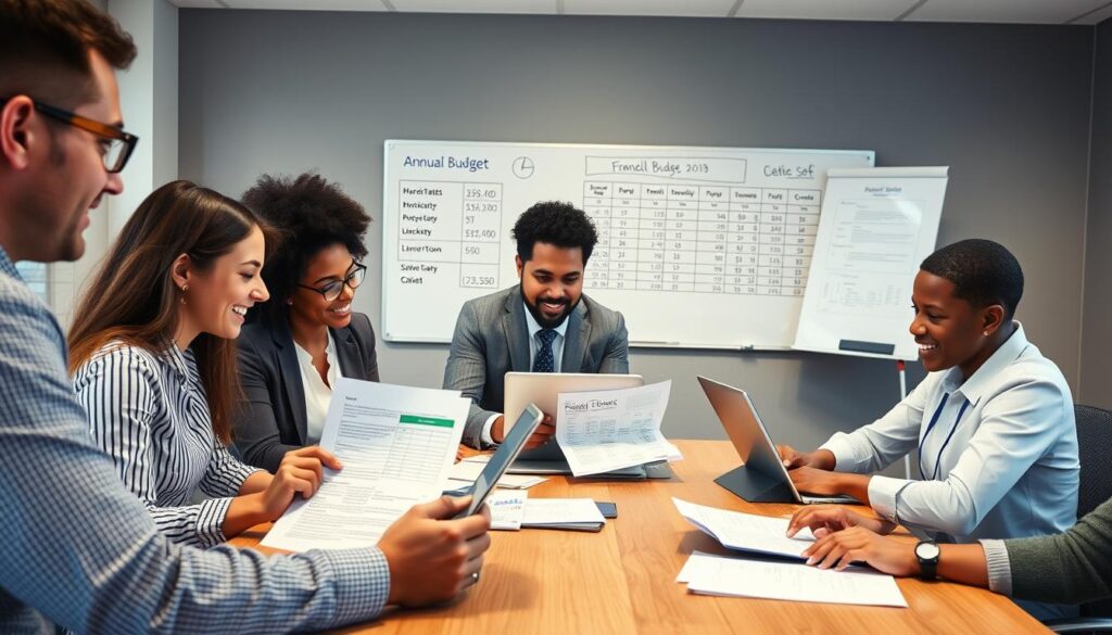 Business team creating annual budget with spreadsheets and financial documents