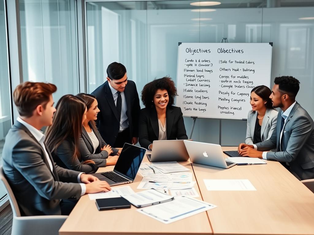 Business team defining financial modeling objectives in a strategy meeting