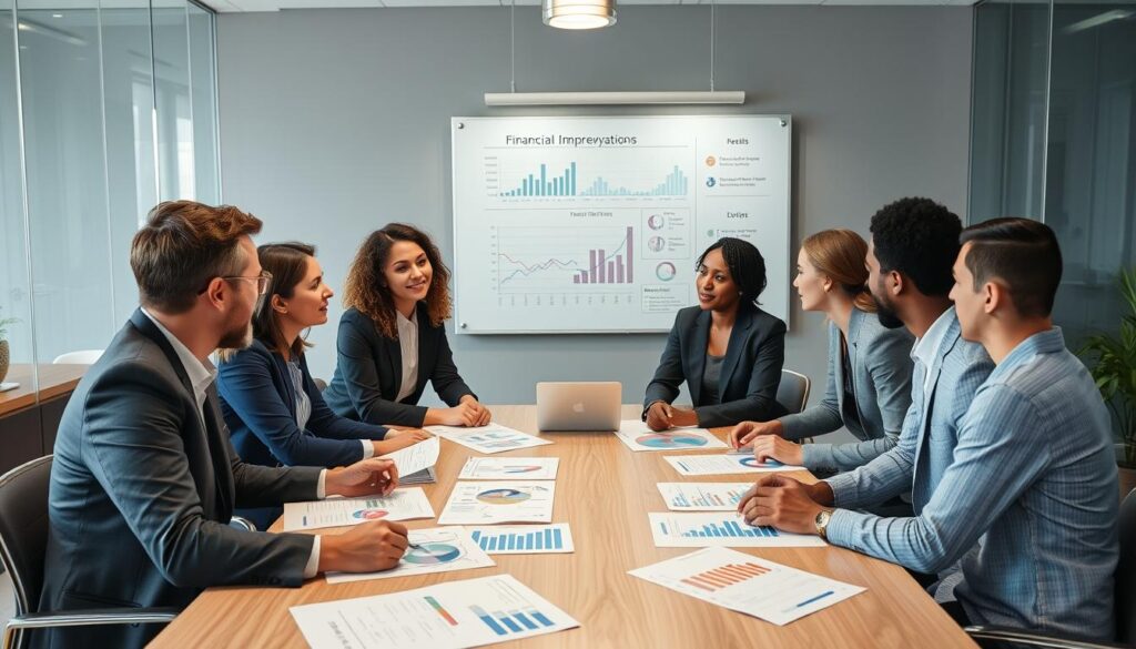 Business team discussing financial improvement strategies around a table