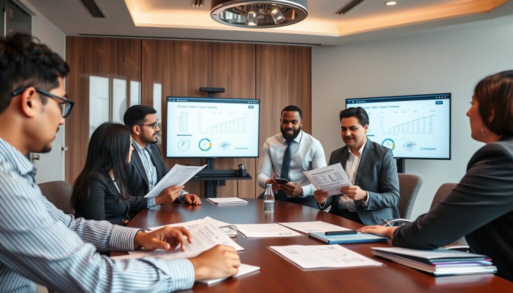 Business team engaged in financial decision-making process with data analysis