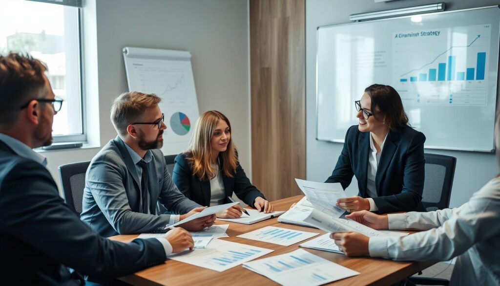Business team engaged in financial decision-making process with growth strategy documents