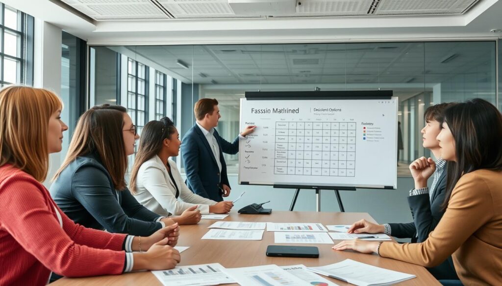 Business team evaluating financial options for strategic decision