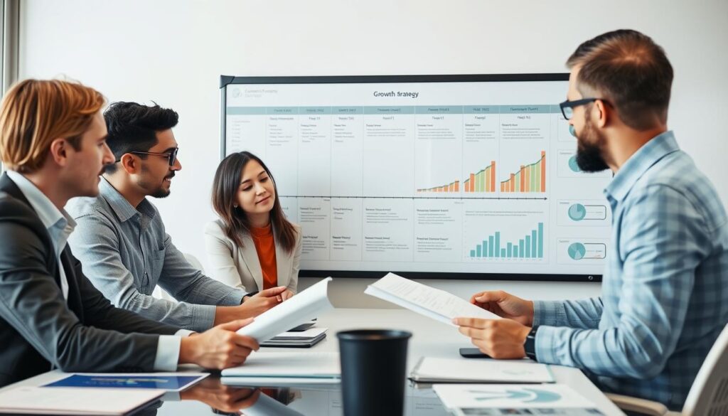 Business team implementing financial growth strategy with planning board