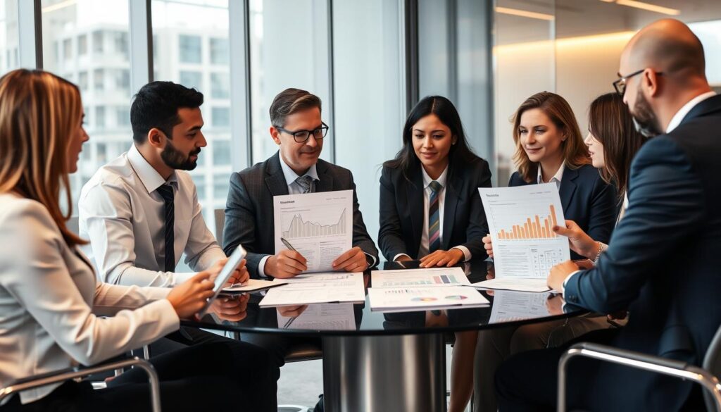 Business team reviewing financial ratio analysis results in meeting