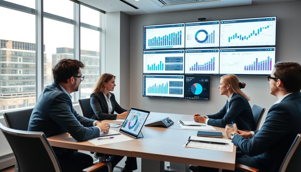 Business team reviewing financial reports and dashboards