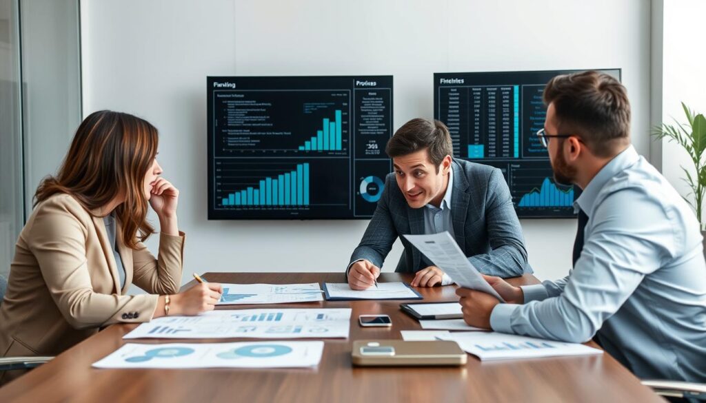 Business team using financial model insights to make strategic decisions