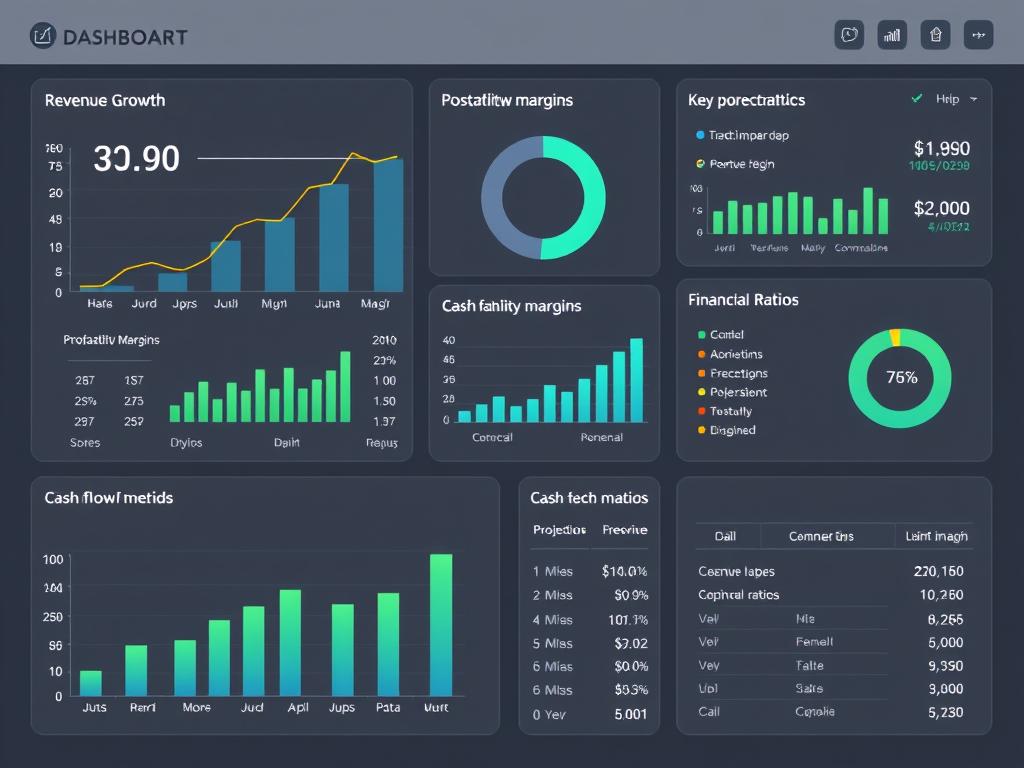 Dashboard showing key financial metrics from a business financial model