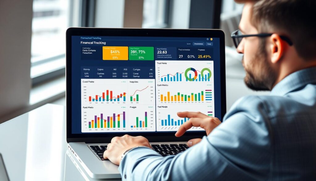 Entrepreneur analyzing business finance performance tracking template on laptop