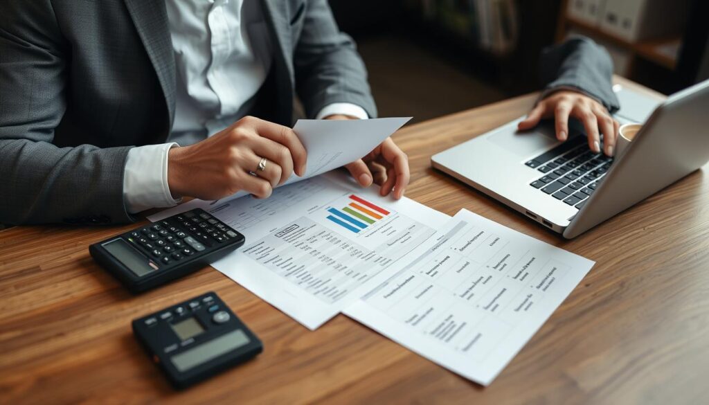Entrepreneur analyzing financial statements and ratios