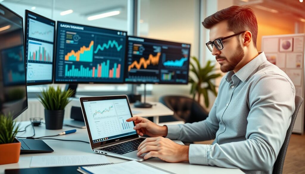 Entrepreneur using financial business tools on multiple devices