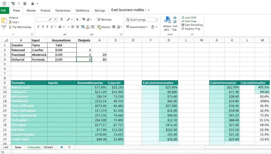 Excel spreadsheet showing the structure of a financial business model with different sections highlighted