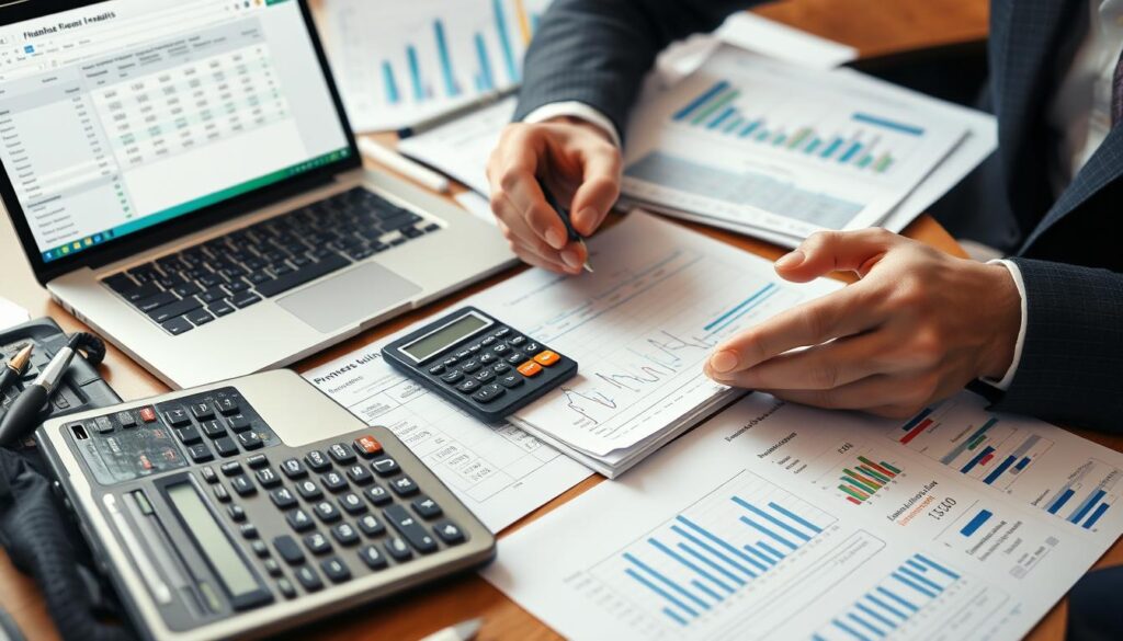 Financial analyst calculating and analyzing business ratios