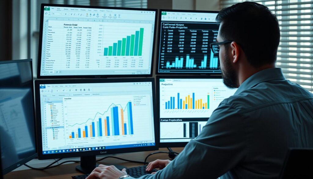 Financial analyst developing revenue and cost projections with growth charts