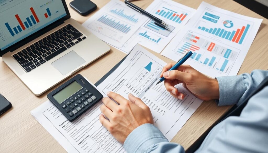 Financial analyst examining business financial statements and reports