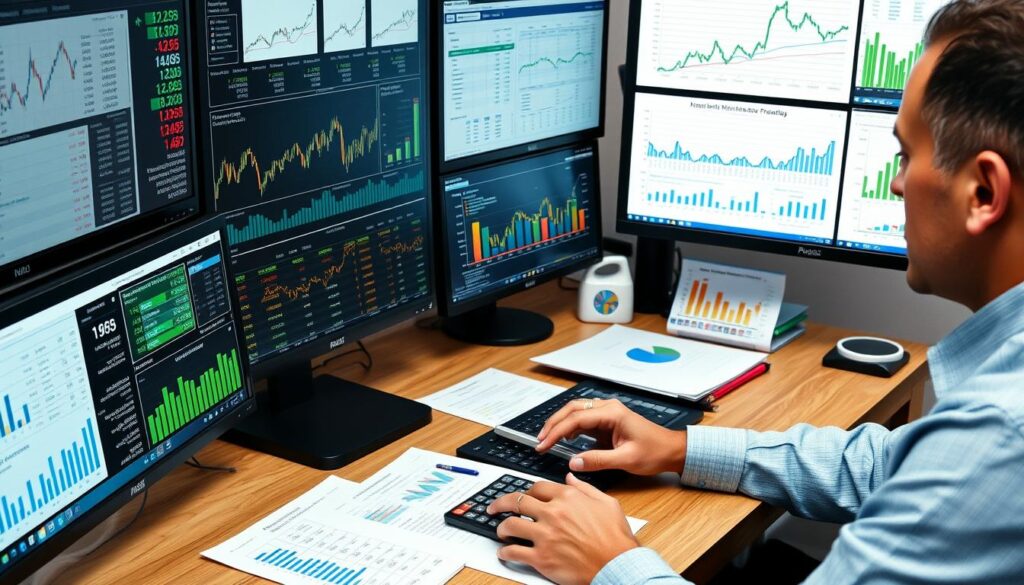 Financial analyst gathering historical data and conducting market research for a financial model