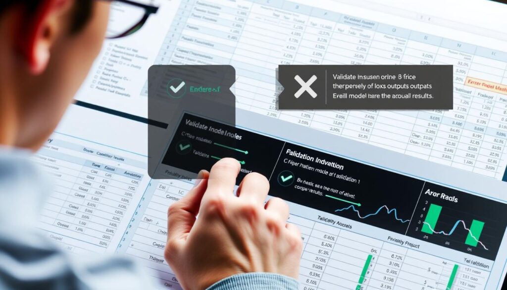 Financial analyst reviewing and validating a financial model with error checks