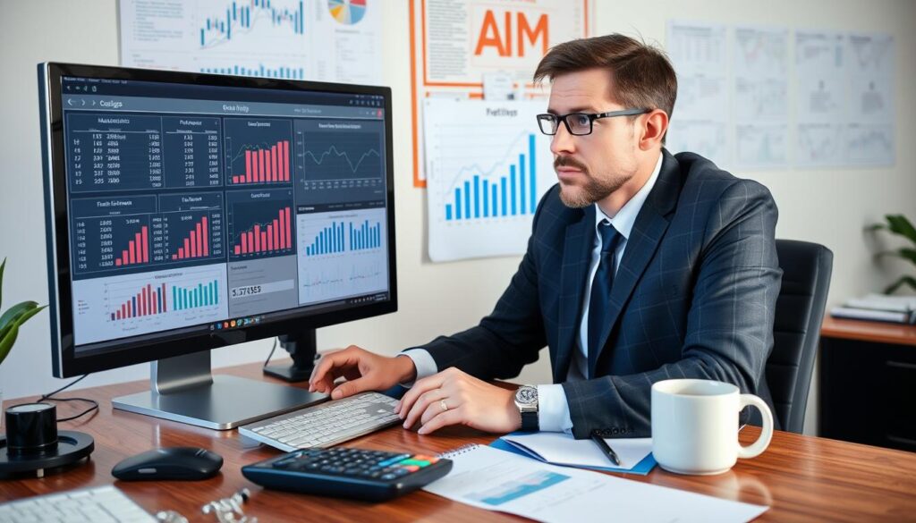 Financial analyst reviewing business ratios and performance metrics