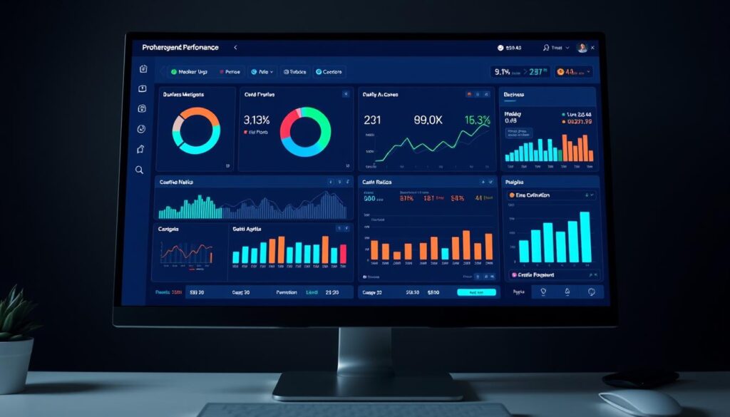 Financial business dashboard showing key performance metrics and growth trends