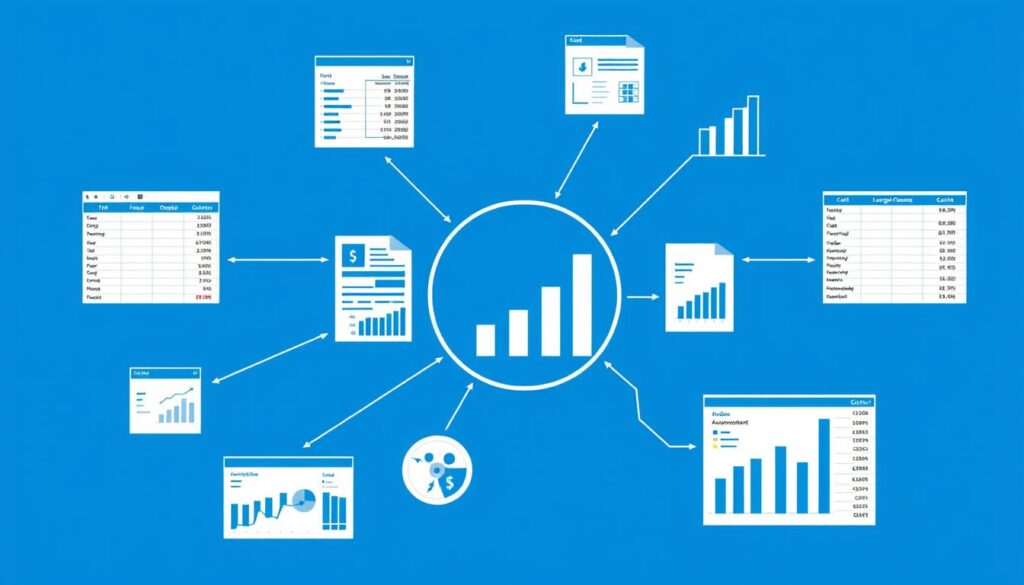 Financial business model components showing interconnected spreadsheets, charts, and financial statements