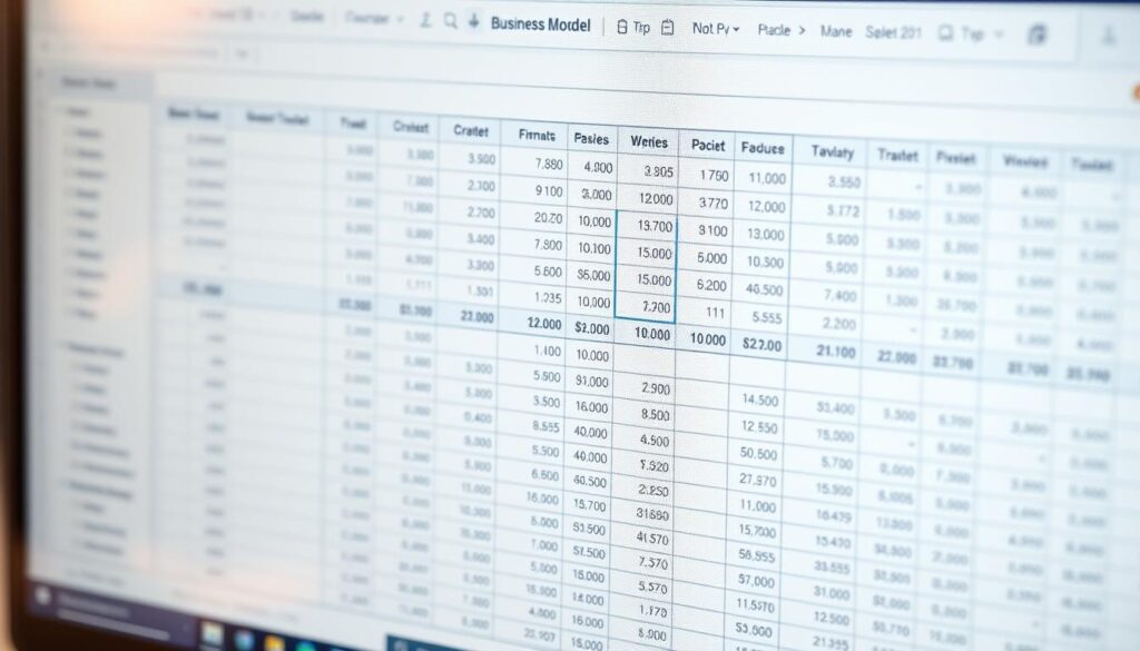 Financial business model spreadsheet with growth projections