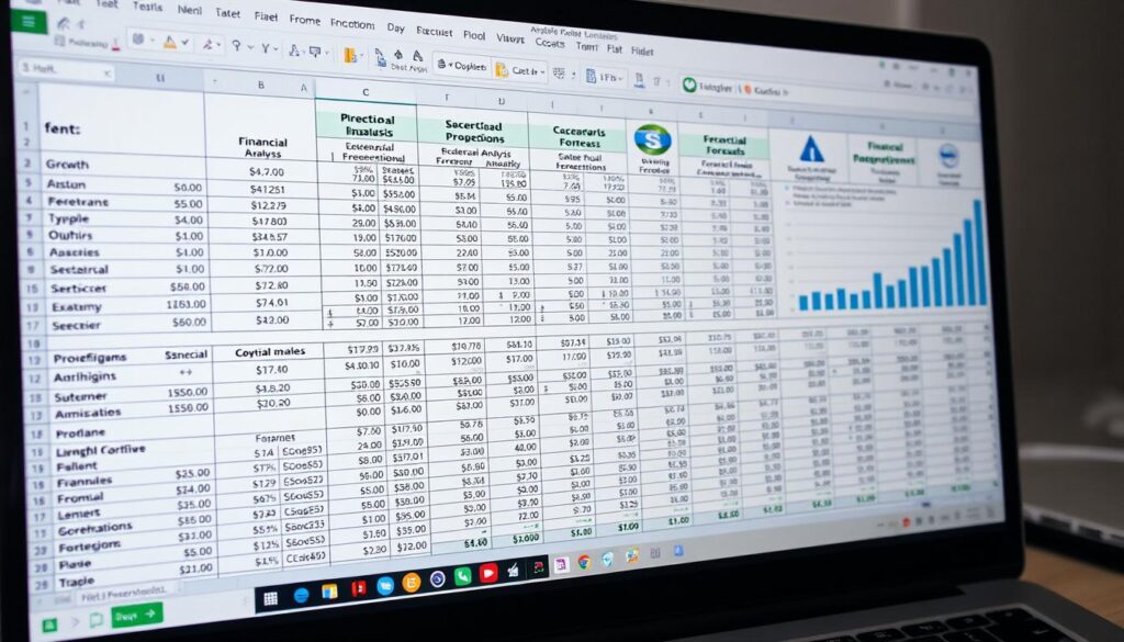 Financial business model spreadsheet with projections and scenarios