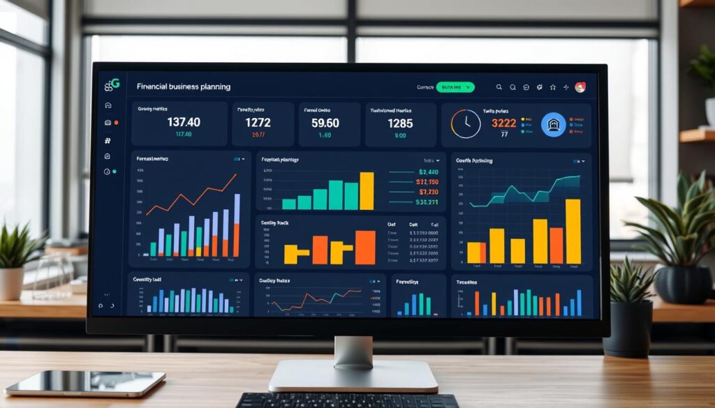 Financial business planning software dashboard showing growth metrics and forecasting tools