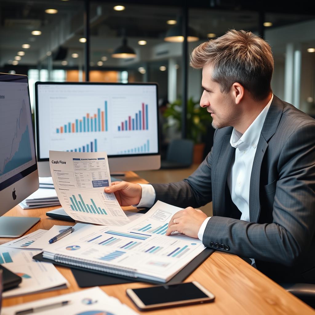 Financial business professional reviewing cash flow statements and growth projections